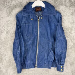 Vtg 90s Denim Jacket Womens Small Biker Moto Full Zip Chinstrap Blue Pockets